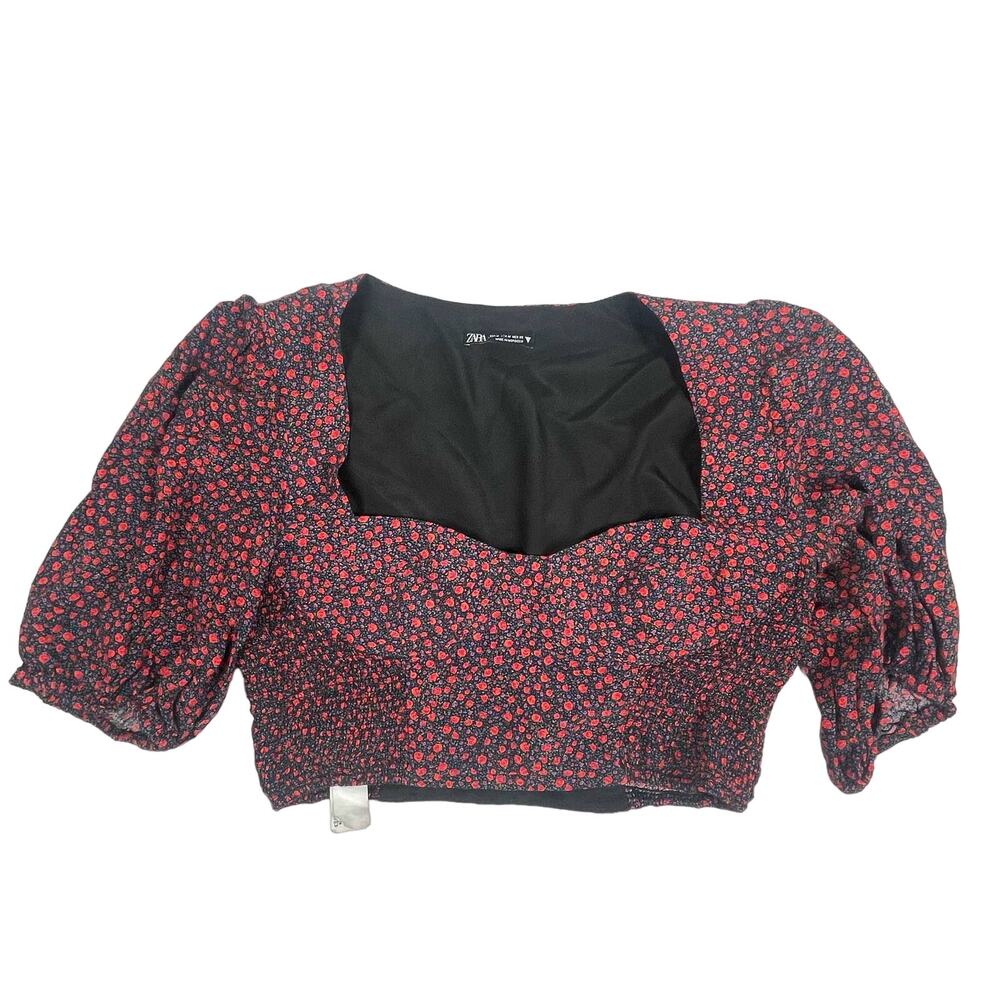 ZARA Crop Top Womens Size Medium Black and Red Floral Puff Sleeve Sweetheart